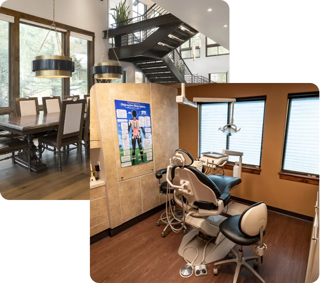 Interior Makeovers Collections 1 Photo of a doctor's office on the bottom right, photo of a large dining room on the top left.